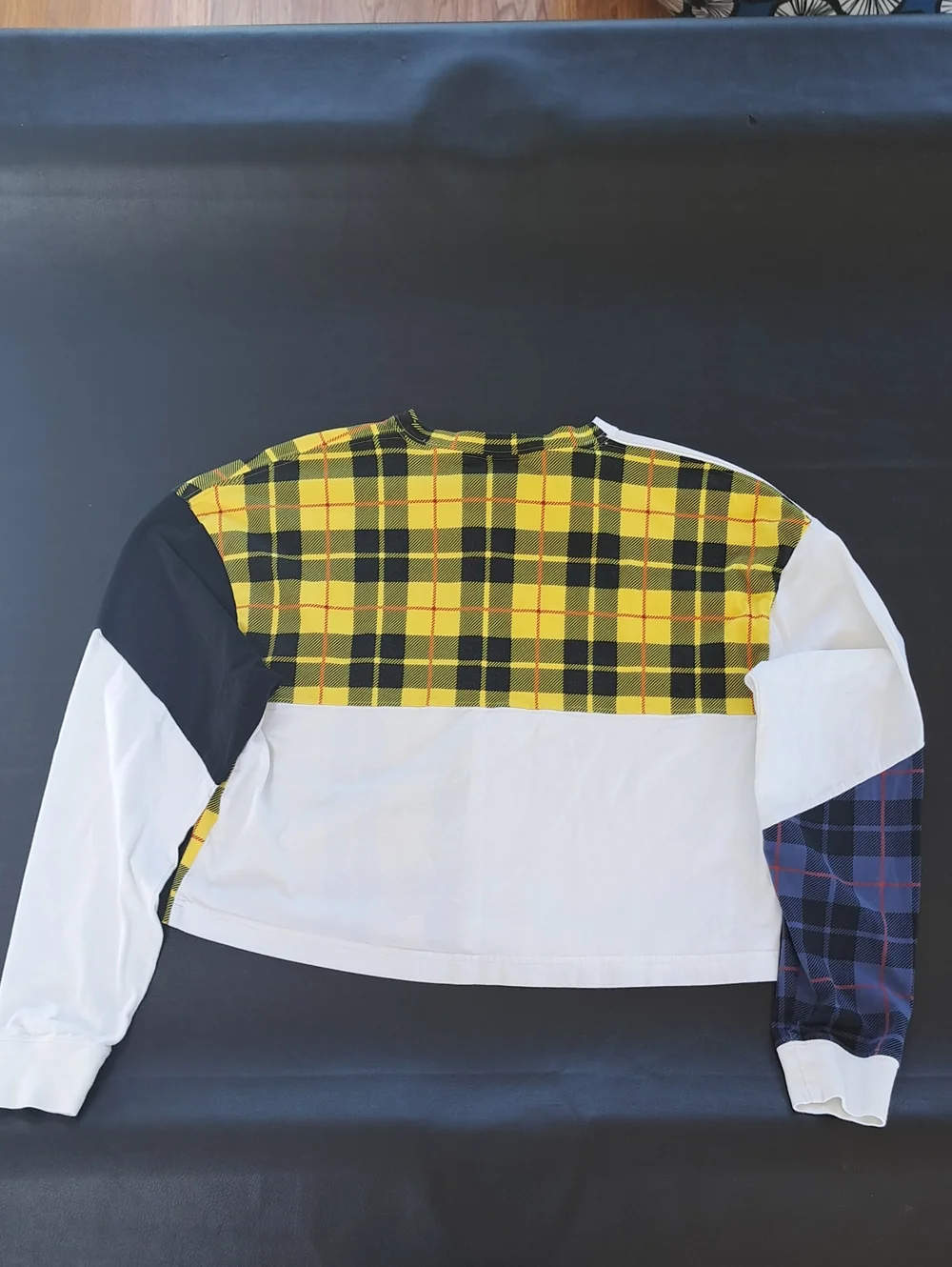 Nike Womens Long-Sleeve Plaid Panel Top in White, Yellow & Navy